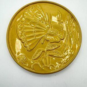 FRANKOMA Art Pottery BUTTERFLY Trivet Ceramic yellow Round Footed Hot Plate